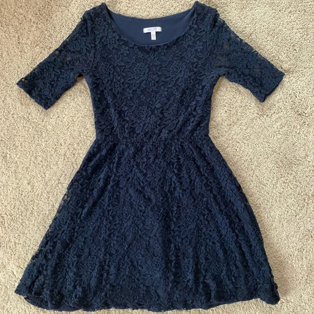 Delia’s navy lace skater dress 3/4 long sleeve
